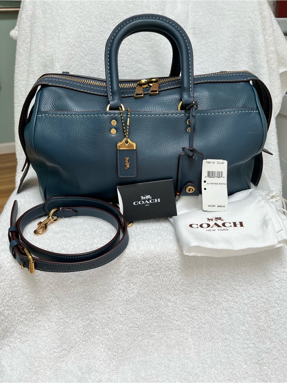Coach Denim Blue Leather Rogue 36 Top Handel Satchel Serial # RS 20216 EUC